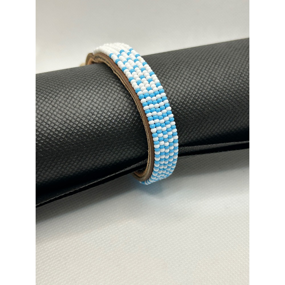 Swahili Coast‎ Sky Blue White Seed Beads Leather Bracelet Handmade 7.25 in